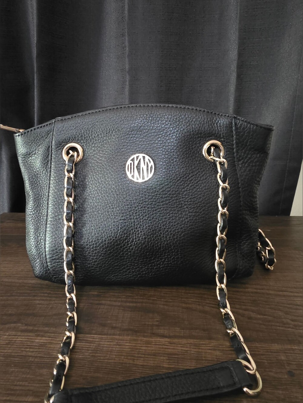 DKNY Black Pebbled Leather Shoulder Bag with Gold Chain Strap